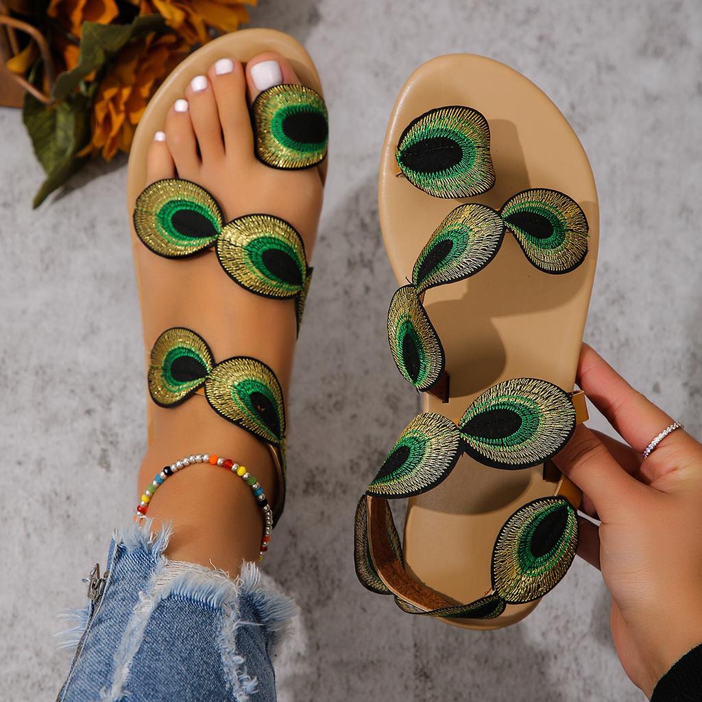 Large Size Flat Bottomed Toe Colored Sandals with Peacock Eyes, Hair, Beach Sandals for Women