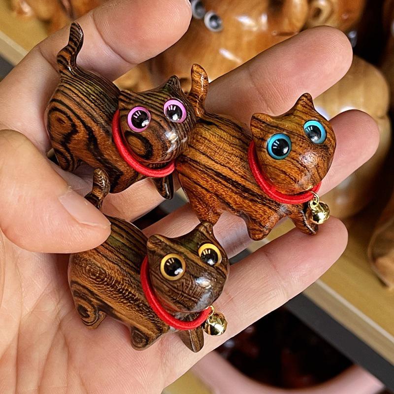 Handmade Green Sandalwood Carved Cat: Playful, Curious, Confident Pet Sculpture