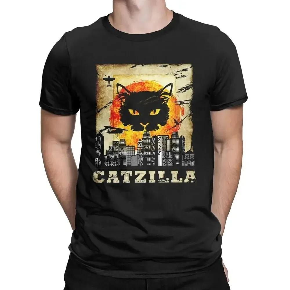Футболки Catzilla Monsters Котёнок Мужские Женские С Круглым Вырезом Чистый Хлопок Аниме Черный Кот Повседневные С Коротким Рукавом Парные Топы