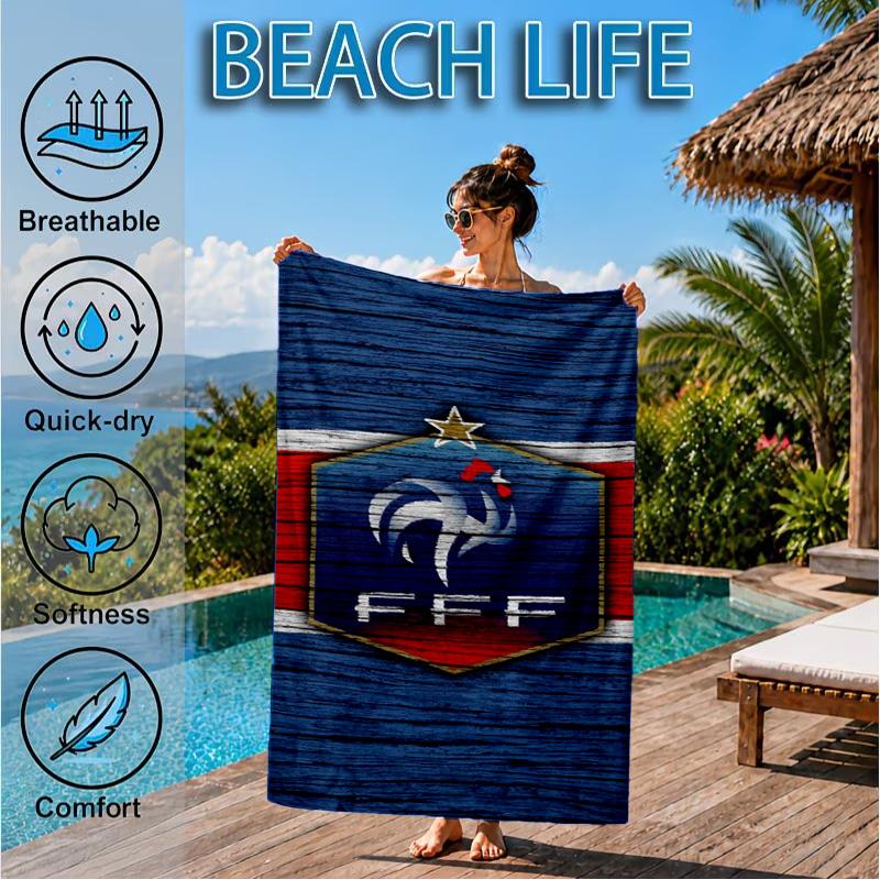 France Soccer Club Emblem Printed Microfiber Beach Towel, Soft And Absorbent, Quick-Dry, Ideal for Summer Travel, Beach Essential, Swimming Pool