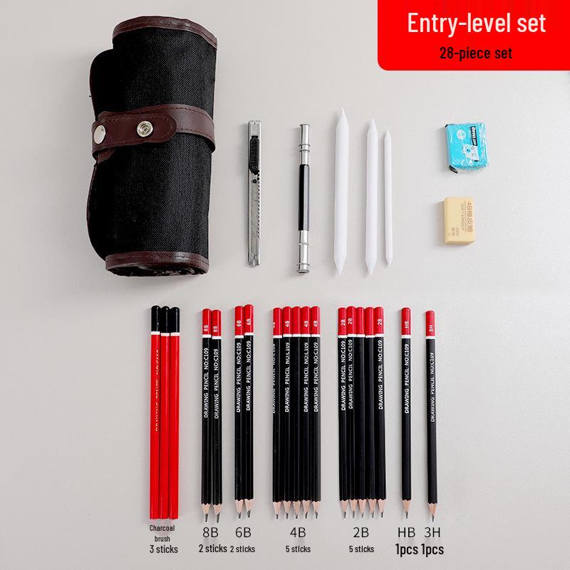 39-Piece Beginner Sketching Set: Charcoal Pencils, Eraser, Paintbrushes & Pencil Roll-up Case