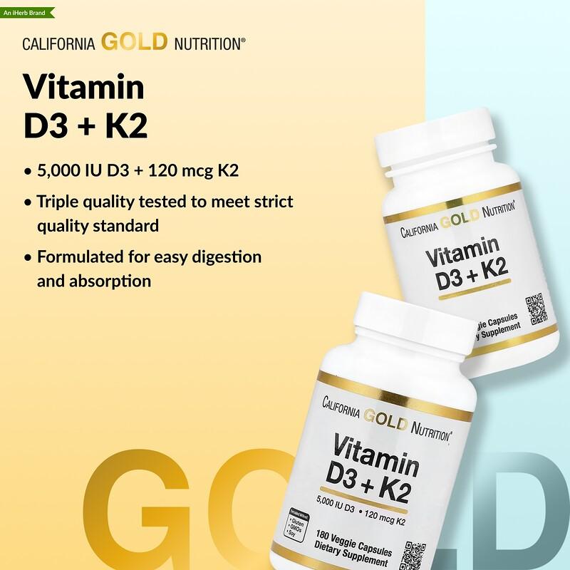 Vitamin D3 + K2 as MK-7, 60 Veggie Capsules