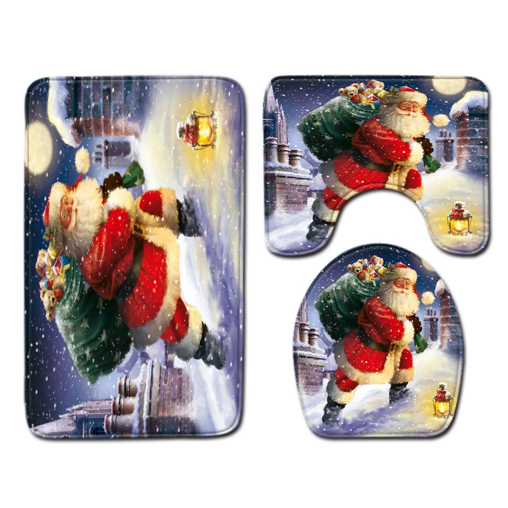 Christmas Shower Curtain Floor Mat Combination Four-Piece Set Bathroom Toilet Carpet Shower Room Mat Foot Mat
