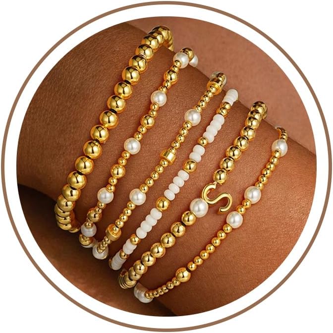 Turandoss 18K Gold Plated Beaded Stretch Initial Bracelet for Women Gifts