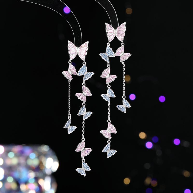 S925 Silver Needle Super Fairy Temperament Zircon Inlay Modified Face Earrings Long Tassel Flying Butterfly Earrings