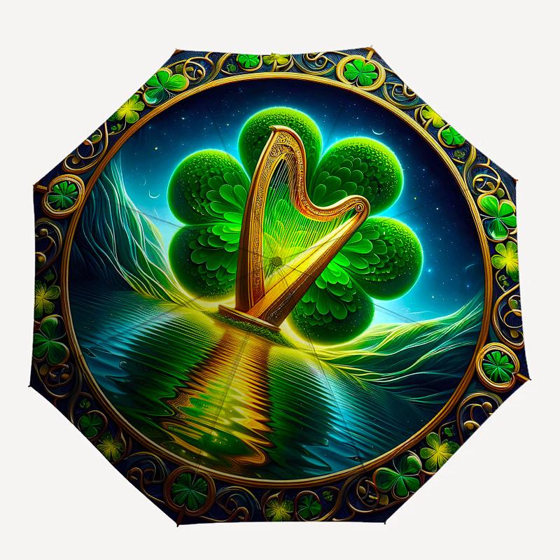 Ireland's Luck: Four-Leaf Clover & Golden Harp Art Print Umbrella, Cute Umbrella with Cute Design, Portable 3-Fold Compact Umbrella for Men & Women, V