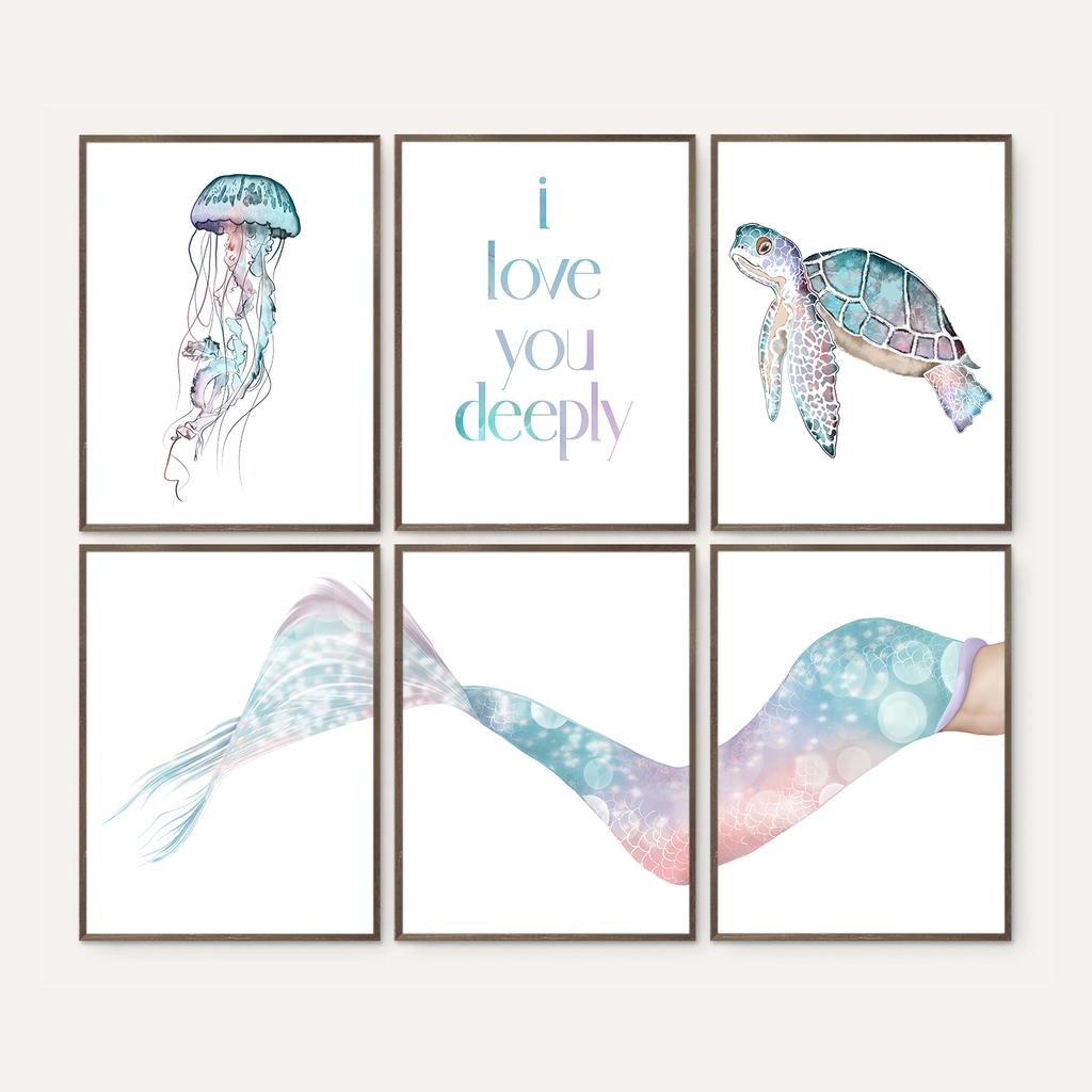 Детская Настенная Живопись Плакат с Хвостом Русалки Мультфильм Океан Животные Картина На Холсте Синее Море Печать Скандинавская Картина Девушка Спальня Домашний Декор