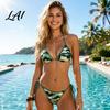 Bikini Set 2Pcs/Set for Women Adjustable Straps Swim Briefs with Side Laces Summer Swimsuit Hanging Neck Triangle Cup No Steel Ring Bra Camouflage