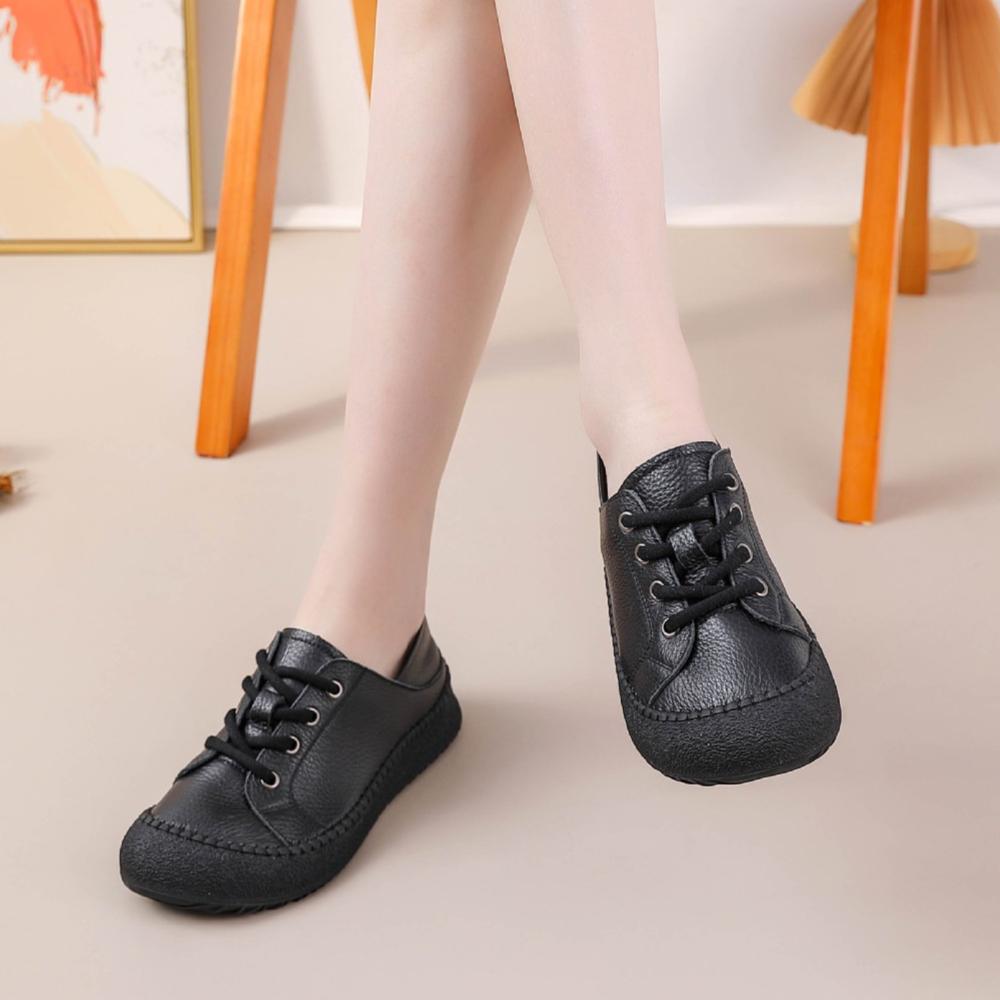 Genuine Cowhide Mom Shoes, Round Toe Versatile Casual Leather Shoes, Spring Summer Soft‑Sole Wear‑Resistant Flat Loafers for Women SA‑1011