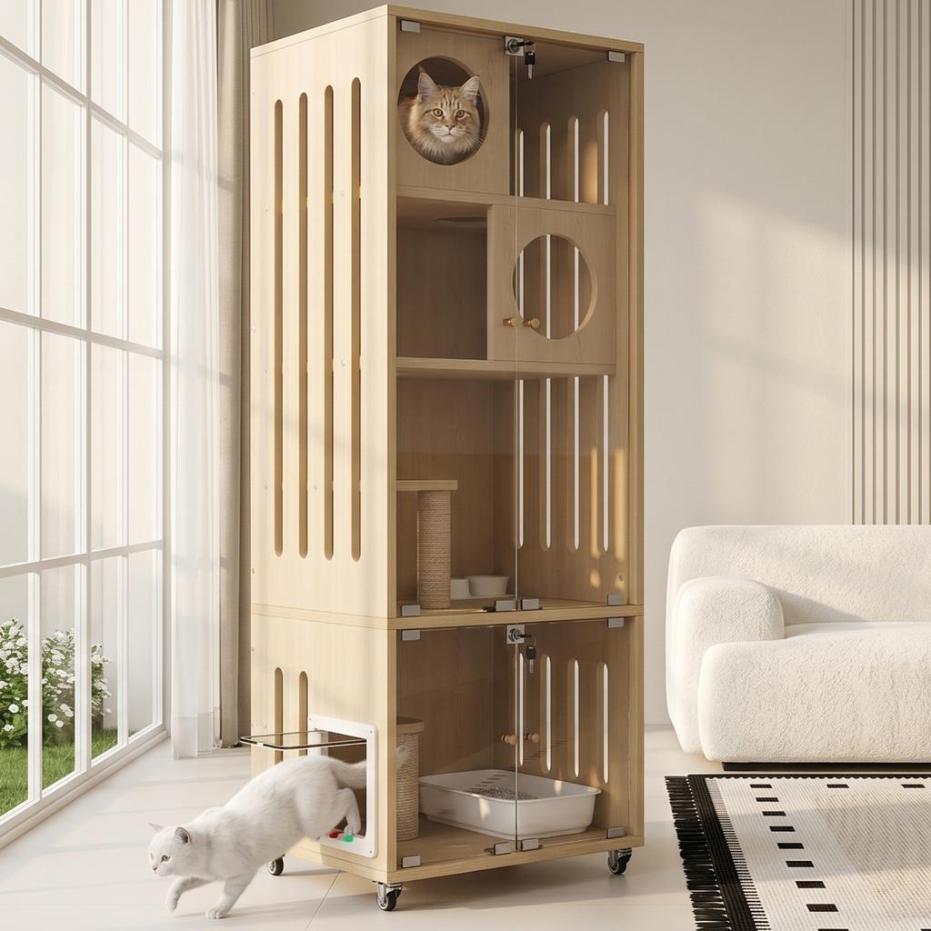 Cat villa, cat enclosure, cat furniture, large chinchilla cage, glass cat house with wheels, with key, with cat flap, natural wood color, 60x50x156cm