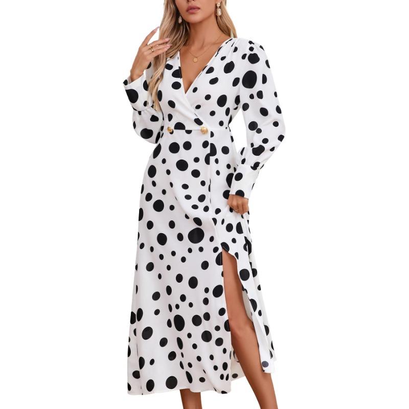 Autumn Dress New Women's New Sexy Long Sleeve Spotted Print V-neck Dress Dress