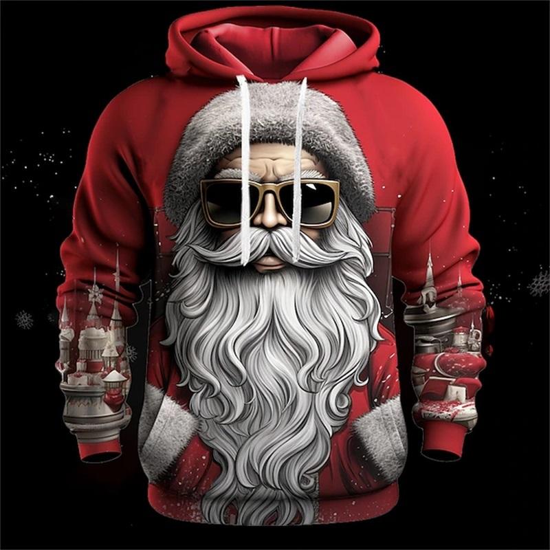 Mens Santa Claus Hoodie Sweatshirt Long Sleeve - Breathable for Spring & Autumn Sports - Durable, Comfortable Christmas Top