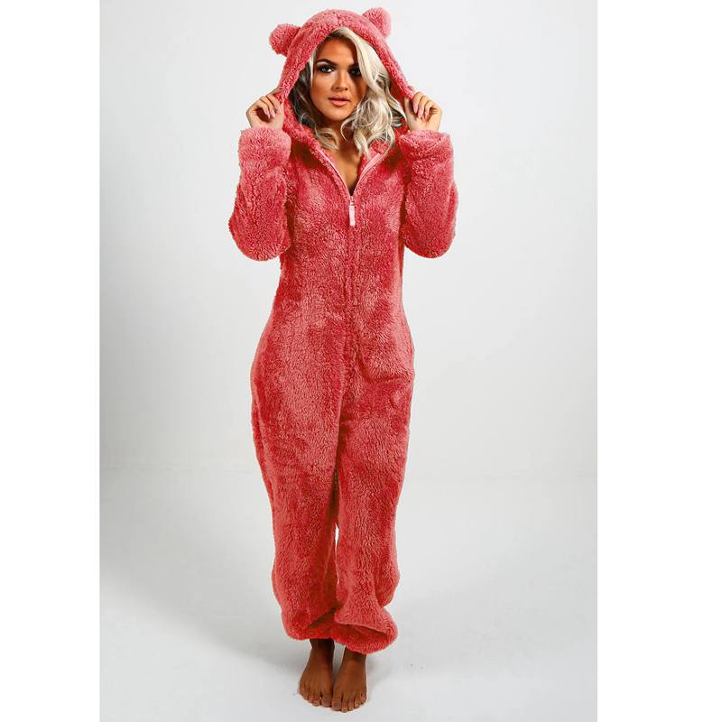 Women Warm Furry Pajamas Plush Fleece Zipper One-Piece Pajamas Soft and Comfortable Hooded Cute Bear Lounge Wear Women Onesies Home Night Sleepwear