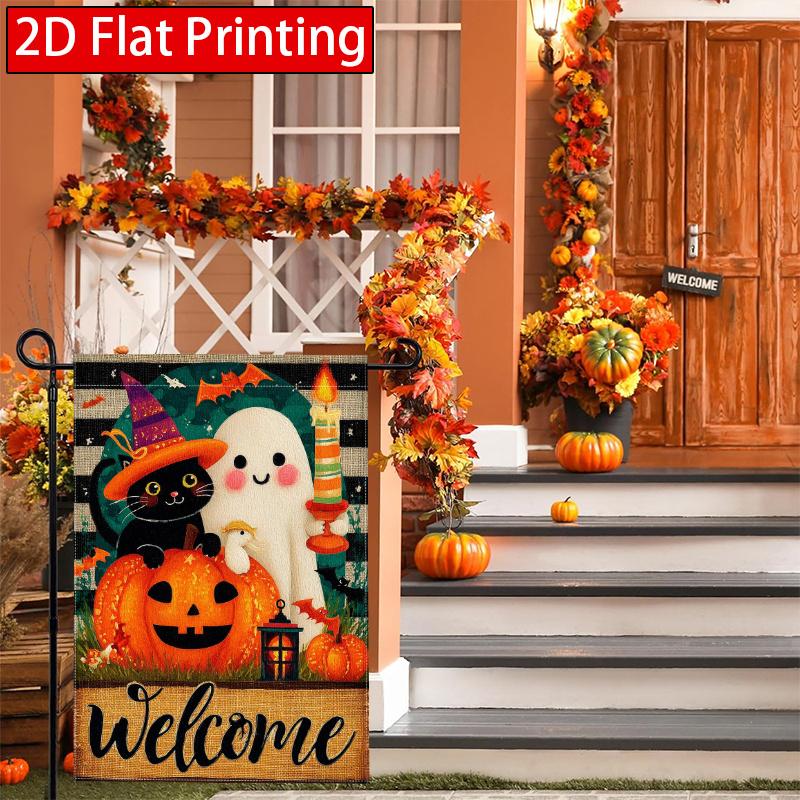 2D Flat, 2D Flat Halloween Striped Bottom Black Cat Pumpkin Candle Garden Flag- Outdoor Garden Flag Double-sided Home Decoration Courtyard Decoration