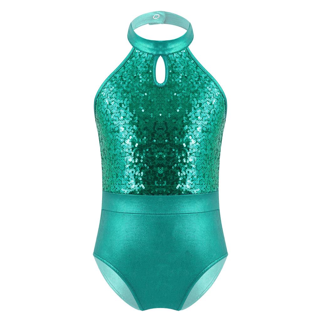 Dancing Gymnastics Leotards Sleeveless Sparkling Sequins Patchwork Style Bodysuit for Kids Girls