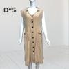Summer Women Lapel V Neck Shirt Dress Sleeveless Single Breasted Pockets Solid Color Midi Dress Streetwear