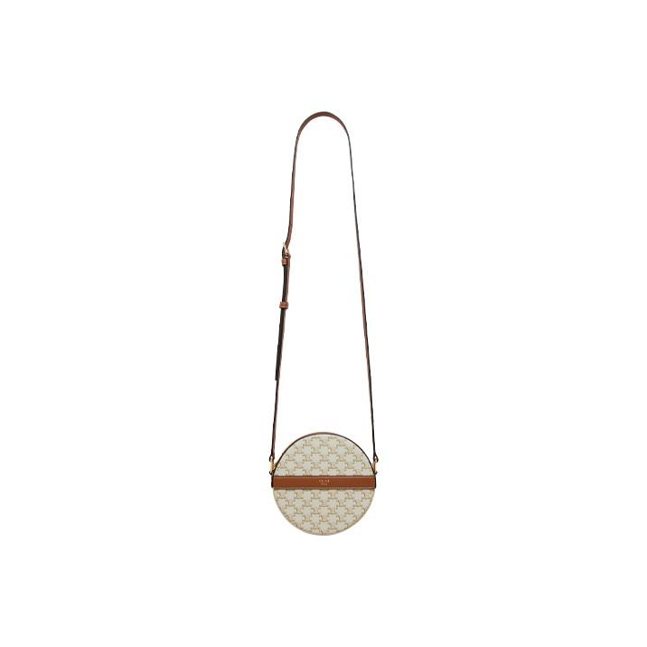 Celine Triomphe Classic Monogram Print Zipper Closure Canvas And Lambskin Round Bag Women Shoulder Bag White 10G342CAM-01TA