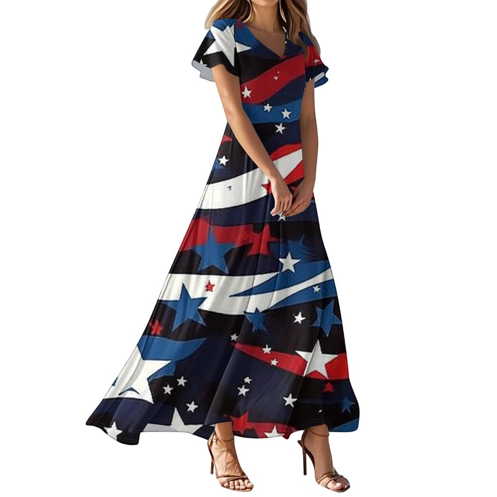 Женские повседневные модные длинные платья с принтом, платья с V-образным вырезом и коротким рукавом