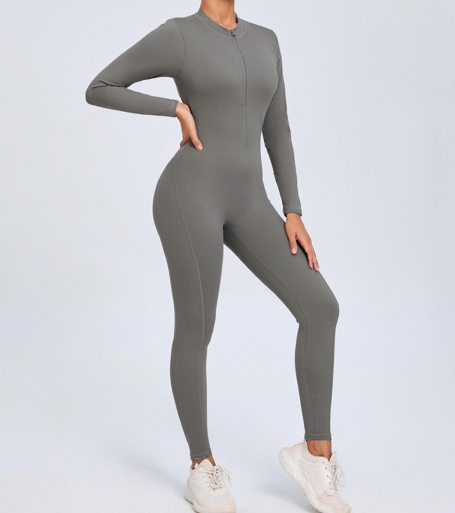 European & American Zipper Long Sleeve Yoga Jumpsuit - Women's Nude Feeling Fitness Bodysuit