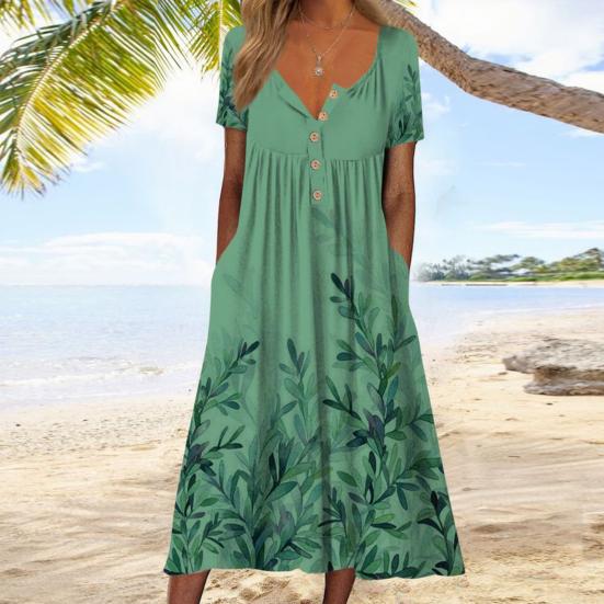 Женское летнее платье с принтом листьев, длиной до середины икры, с v-образным вырезом и карманами, плиссированное, повседневная одежда, с короткими рукавами, свободный подол, женское пляжное платье, женская одежда