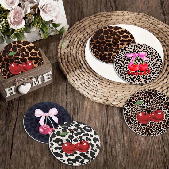 jijijing 6PCS Car Coasters, Leopard Print Decorative Round Heat-Insulating Stain-Proof Cup Holders, for Auto Accessories