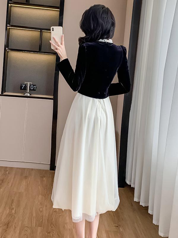 Французское ретро-платье из бархата с многослойной юбкой для весны и осени