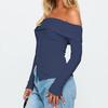 Women Y2k Off Shoulder Button Up Ribbed Knit Sweater Vintage Slim Fit Long Sleeve Foldover Pullover Top
