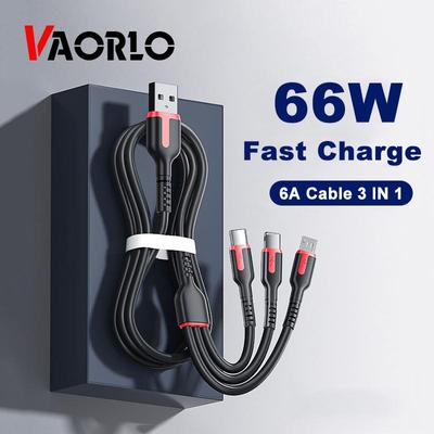 VAORLO Зарядный кабель 3 в 1, 1,8 м, 6 А, 66 Вт, для быстрой зарядки Type-C Micro IOS, пружинный кабель, передача данных 480 Мбит/с для Android Iphone