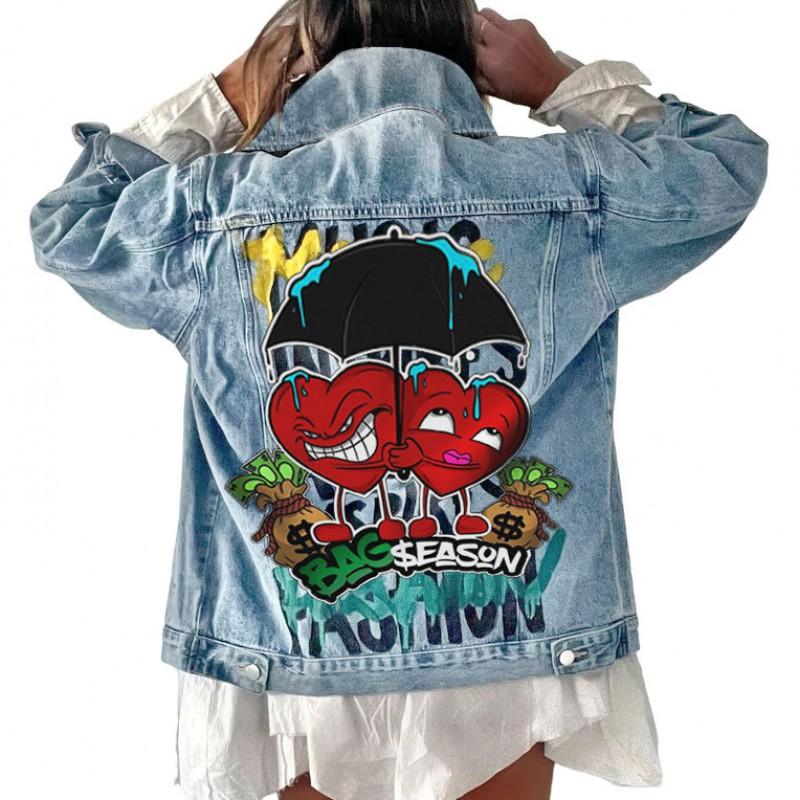 2618 Cartoon Graffiti Denim Jacket Womens Fall Winter Baseball Coat Streetwear