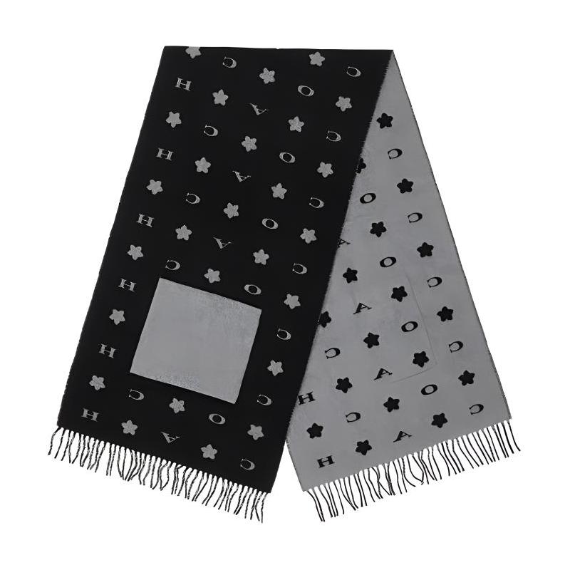 Coach Star and Lettering Graphic Pattern Fringe Wool Silk Winter Scarf Black 76384-STR
