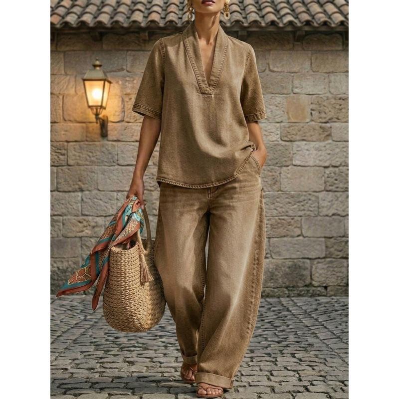 European and American summer new women's digital printing loose casual solid color comfortable minimalist two-piece set