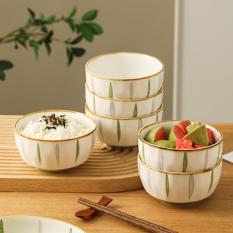 Fresh Green Wood Style Ceramic Rice & Noodle Bowl Set (6-piece)