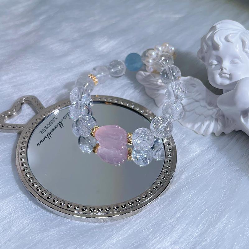 Цяоэнь Аквамарин и Розовый Кварц Белый Азе Крупная Бусина Женский Браслет