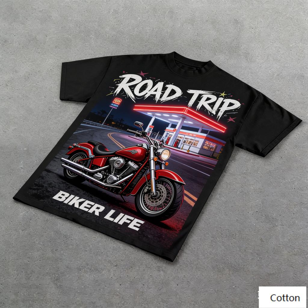 Oversized Black Cotton TShirt with Bold Road Trip Biker Graphic Unisex Streetwear Tee for Unisex and Women