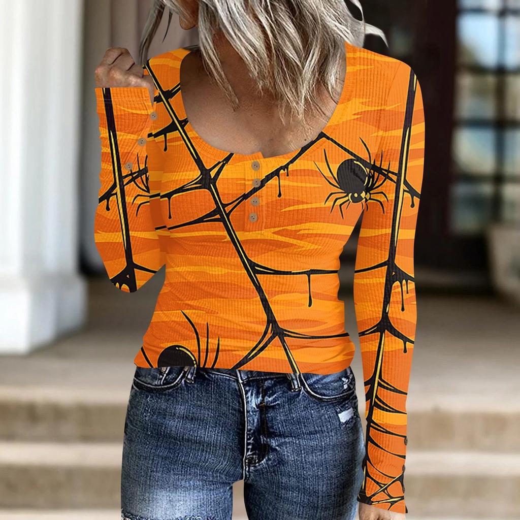 Женский модный повседневный свитер с длинными рукавами и принтом на пуговицах в стиле Хэллоуина
