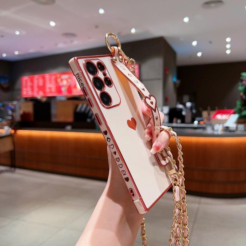 Чехол для Samsung Galaxy S23 S22 S21 Ultra S20 S21FE A14 A54 A13 A53 A23 A52, гальваническая цепочка через плечо, ремешок Love, силиконовый мягкий чехол