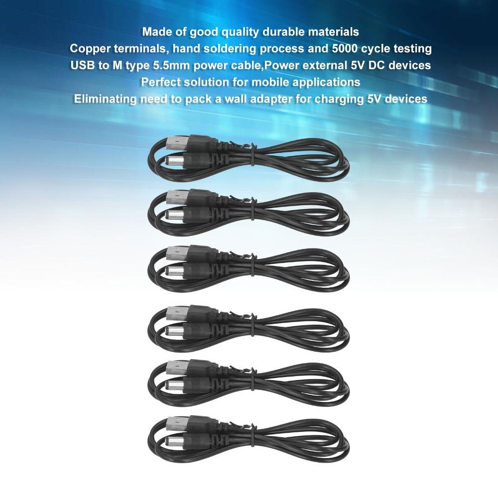 6 шт. USB-кабель питания от 5 В к DC, USB 2.0 A Male, разъем 5.5x2.1 мм, разъем DC, кабель питания, процесс ручной пайки, 3,3 фута