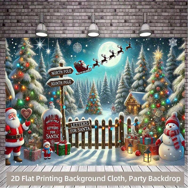 2D plane, 1pc winter wonderland Christmas background banner with Santa Claus sleigh, snow house, flashing and Santa Clau