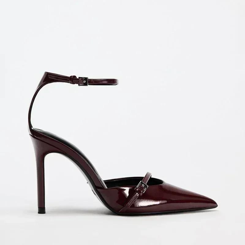 Fashion Elegant Ankle Strap Patent Leather Thin High Heels Women Summer Sexy Pointed Toe High Heeled Sandals Luxury Banquet Wedding Shoe