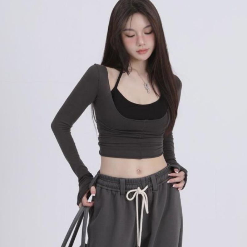 2KWEIRD Комплект из двух предметов Y2k Эстетика Харадзюку Футболки Топы-халтеры с длинным рукавом Femme Все сочетается Топ-пэчворк на бретелях-спагетти Женский