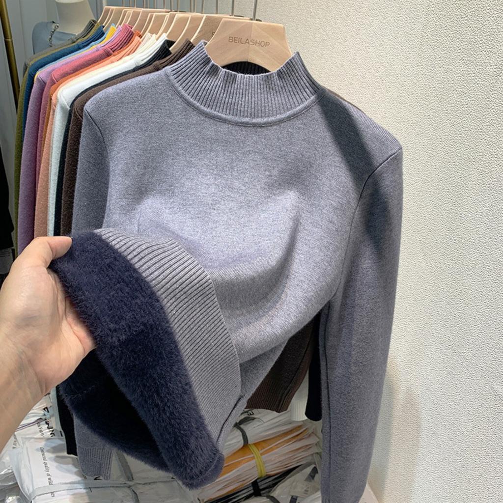 Бархатный свитер с высоким воротом One Piece с утолщенным бархатом для женщин, новая теплая базовая кофта с длинным рукавом на осень и зиму