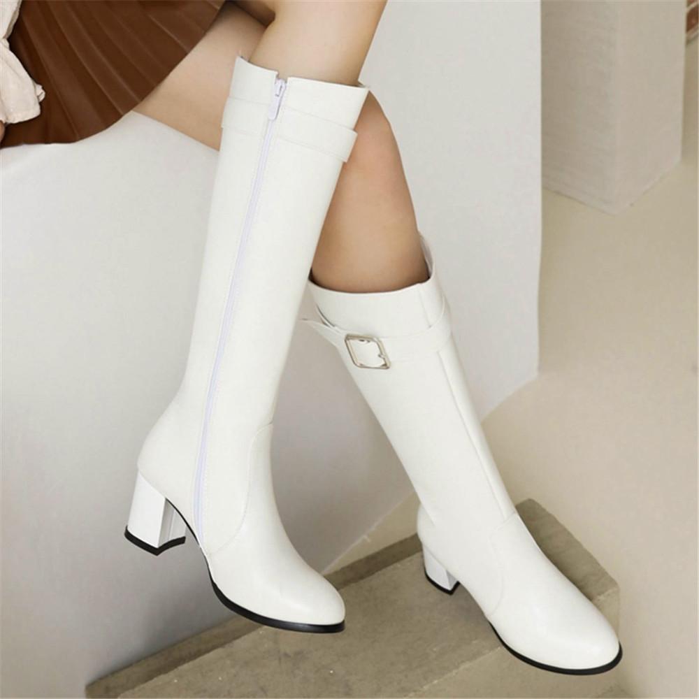 Модные женские ботфорты осенне-зимняя обувь черные белые средний каблук пряжка длинные ботильоны ботфорты до бедра женская обувь размер 33-43