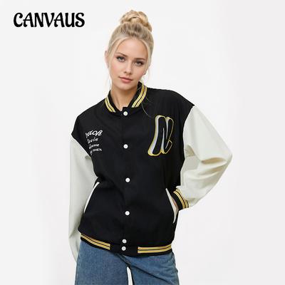 Осенняя женская бейсбольная куртка больших размеров с монограммой и длинными рукавами в стиле колор-блок