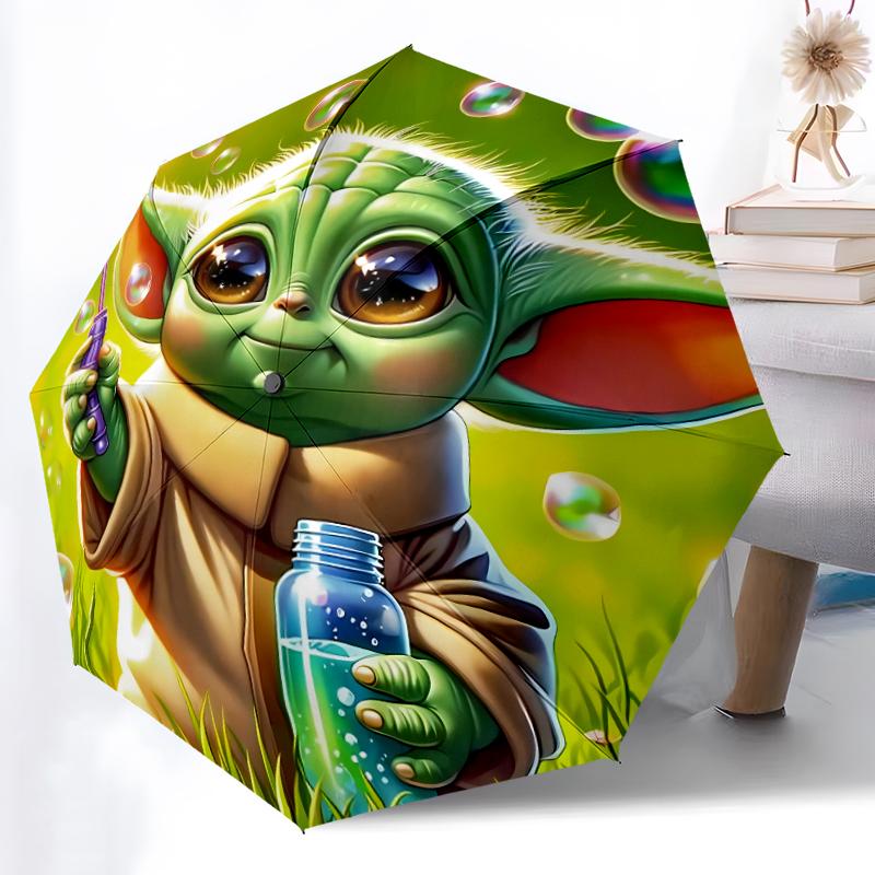 1pc Sturdy 8-Bone Auto Umbrella, Yoda Green Flower Umbrella, Digital Printed, Foldable Umbrella for On-the-Go Outdoor Use