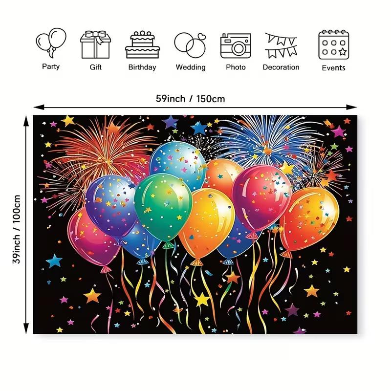 2D Black Background Colorful Balloon Fireworks New Year Party Decor Banner