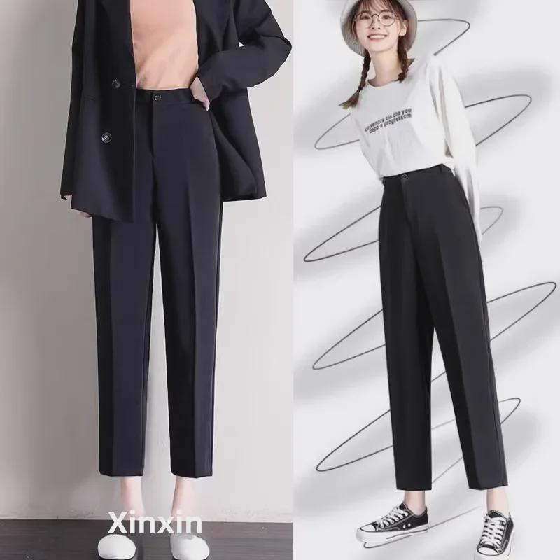 Женские черные брюки прямого покроя с высокой талией — облегающие, легкие, длина девять точек, на весну и осень, доступны большие размеры