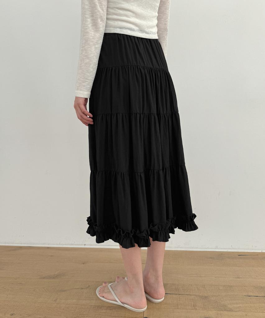 Moyora Frill Tiered Flare Long Skirt [Black]