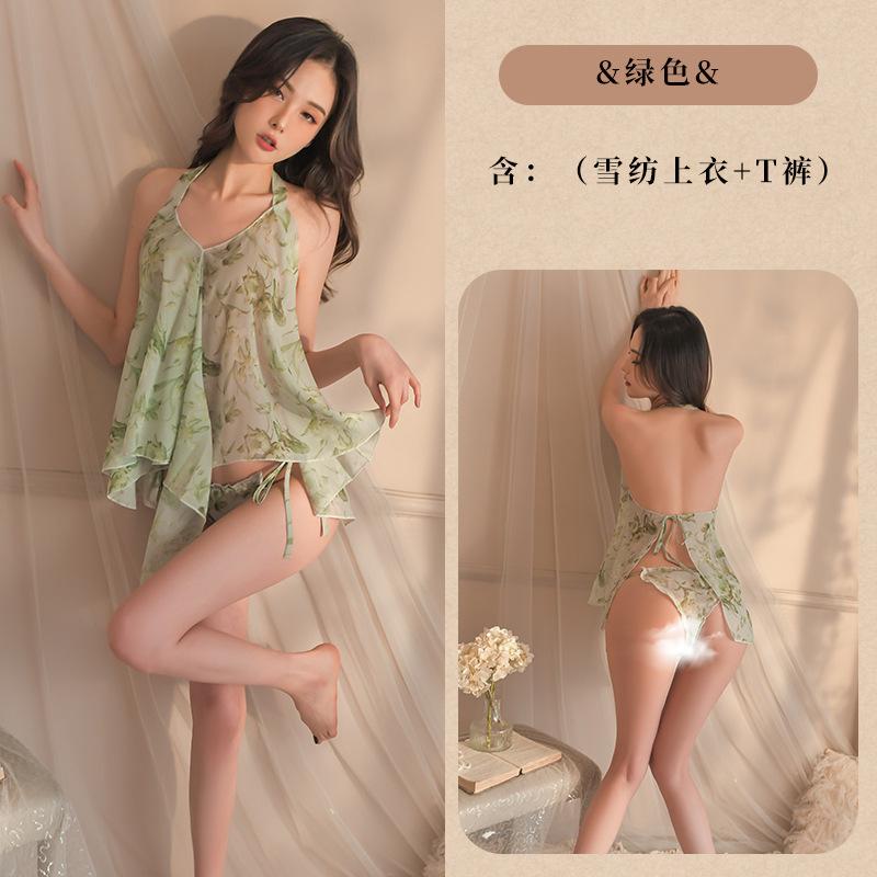 Sexy lingerie sexy temptation women's perspective chiffon printing hot skirt pure passion women's summer