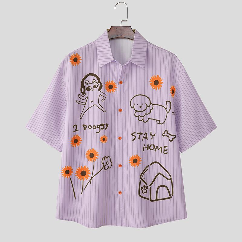 INCERUN Мужские свободные рубашки оверсайз с отложным воротником, коротким рукавом и мультяшным принтом, повседневные.