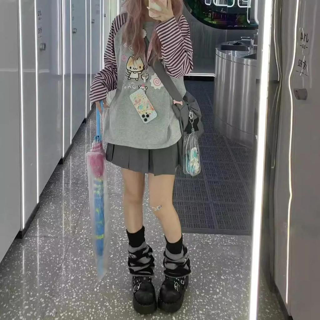 Милая Y2k Harajuku Kawaii полосатая толстовка женская японская лоскутная толстовка с мультяшным принтом женские осенне-весенние футболки